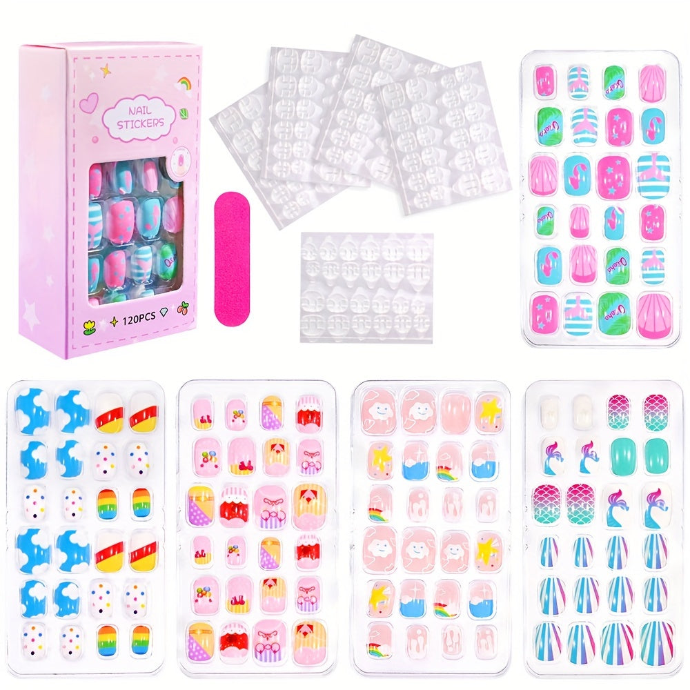 TEMU 120pcs-box Cute Sea Animal, Fruit, Flower, Love Heart Cartoon Press-on Nails - Mixed & Pink Colors, Short Square Shape, Glossy Finish, Nail Art