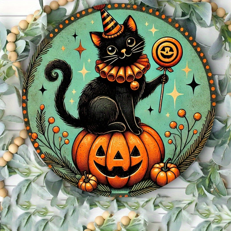 TEMU 2d Flat, Vintage Halloween Metal Wall Decor - 8x8 Inch Circular Tin Sign With Black Cat In Orange Clown Hat & Pumpkin Design, Retro Iron Hanging