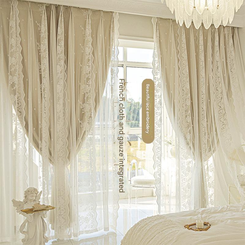 A930 French lace curtains full blackout bedroom living room ins style cream hook finished curtain