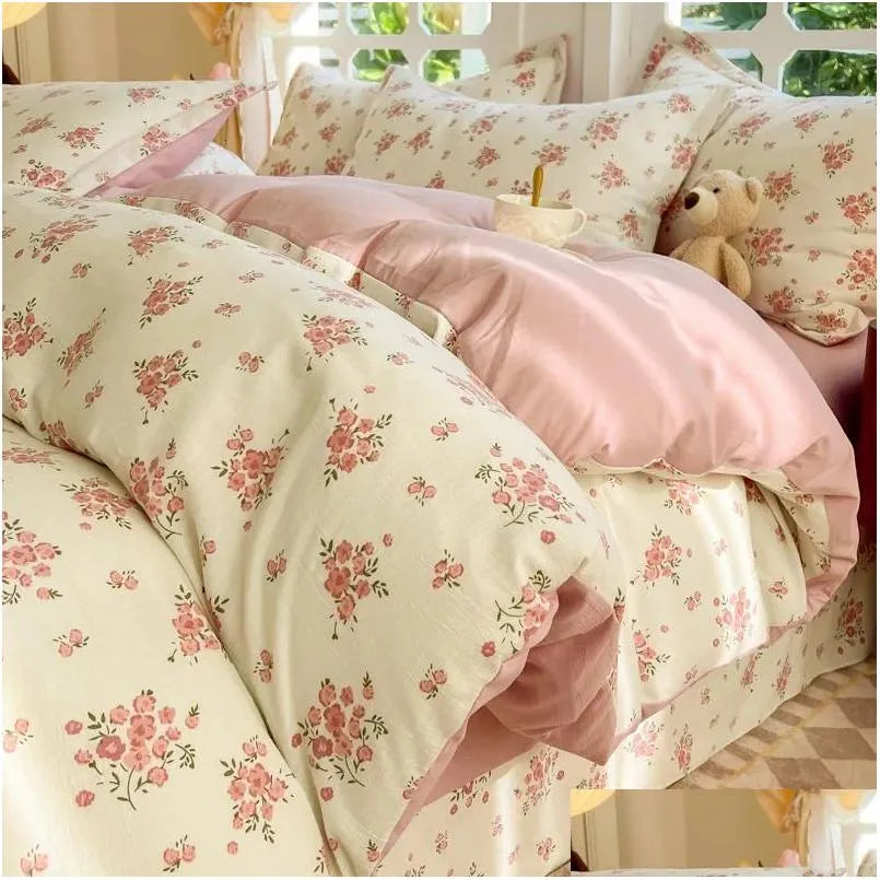 Bedding Sets Sweet Flower Print 4Piece Set Brushed Bed Sheets Comforter Duvet Cover Bedspreads For Double 240202 Drop Delivery Home Dhie0 X3