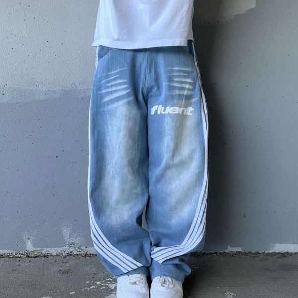 Embroidery Striped Baggy Clothing Street Hip Hop Washed Distressed Vintage for Wide Leg Pants Men Jeans