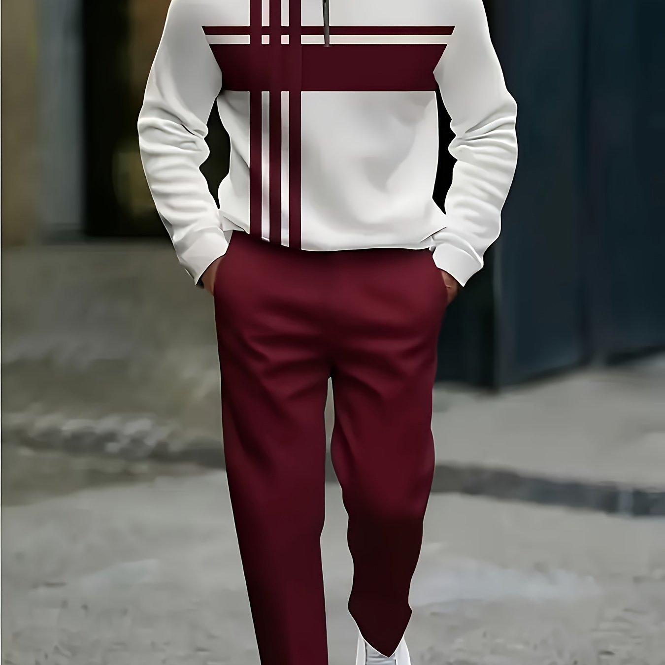 TEMU 2025 Wine Red Striped Pattern Men's Casual Sports Suit, Fashionable And Simple Men's Half-zip Long-sleeved T-shirt + Sports Casual Comfortable
