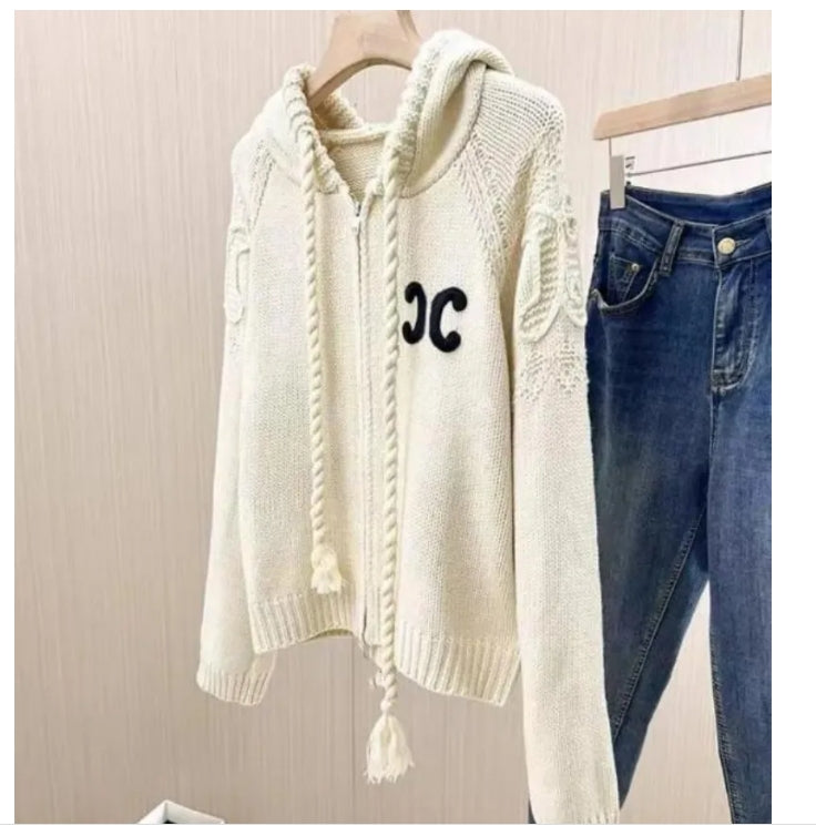 Designer Cardigan Womens Sweater Fashion High-end Luxury Sweater Zipper Hooded Collar CE Classic Embroidery S-XL