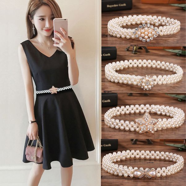 Elegant Pearl Rhies Women Chain Belt Design Adjustable Metal Buckle Ladies Dress Clothes Decorative Waistband