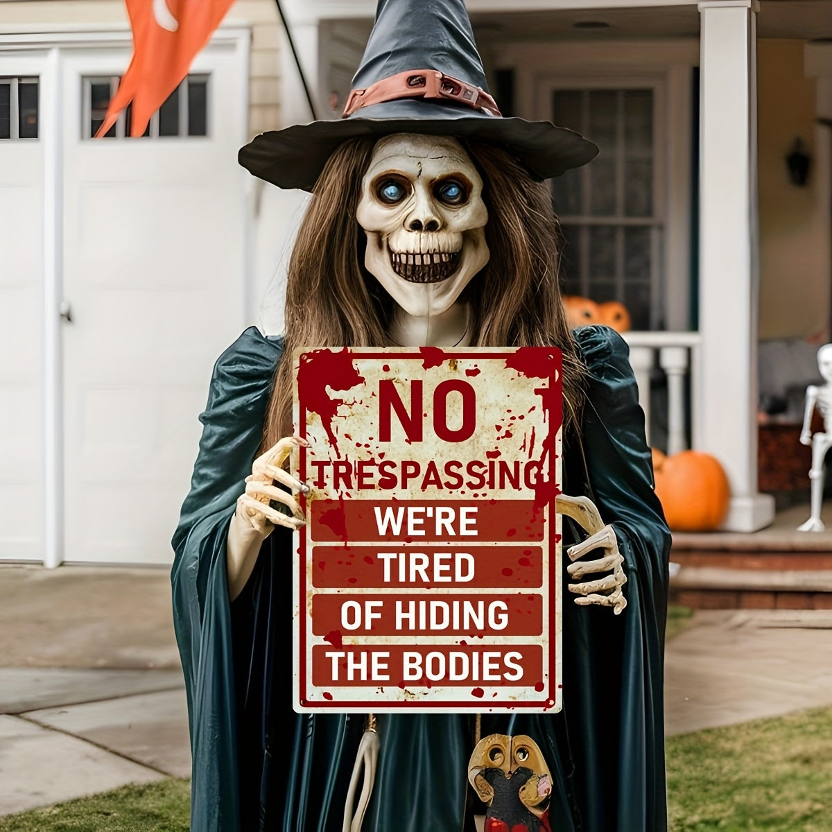 TEMU No Trespassing" Halloween Metal Sign - Vintage-inspired, Durable Tin Wall Decor For Home & Bar, Indoor-outdoor Use, Spooky Skeleton Design With