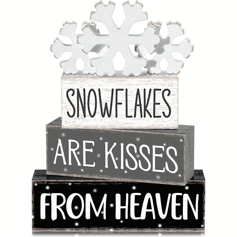 TEMU 4pcs Christmas Layered Tray Decorations, Featuring White, Gray, Black, And Snowflake Patterns, Wooden Rustic-style Home Tabletop Ornaments For