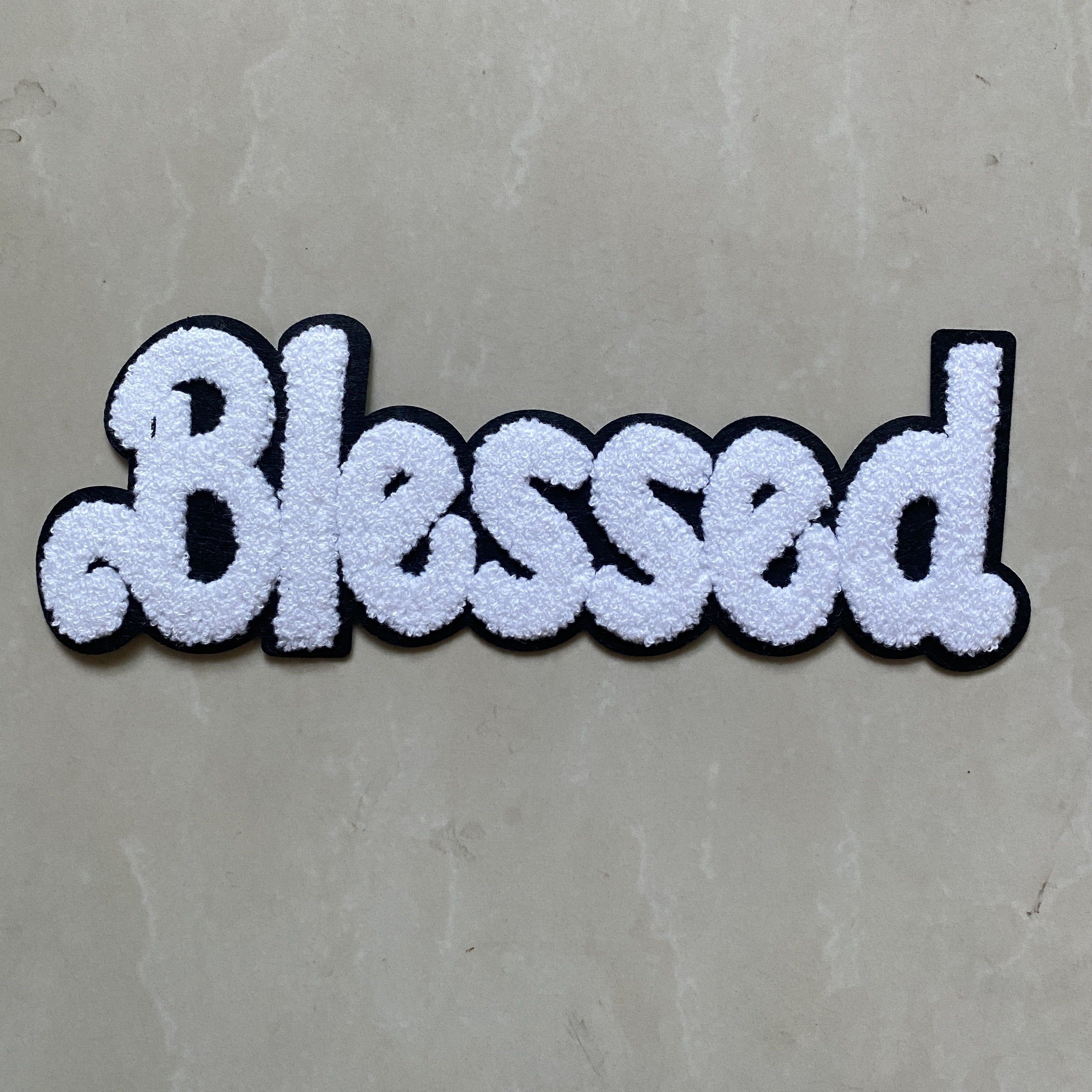 TEMU Embroidered Appliqué Blessed & Dope Letter Patches, White & Multicolor Towel Embroidery Fabric Decals For Clothing And Jacket Decoration (1