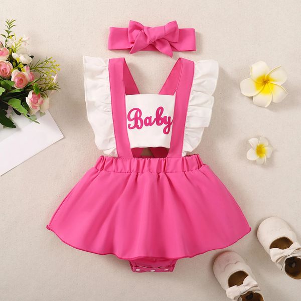 Baby Backless Dress Romper Infant Boys Girls Fly Sleeve Ruffles Letter Prints Jumpsuit born Bodysuits Headband 2Pcs Outfits 250210