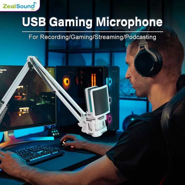 Microphones Zealbound RGB USB gaming microphone with Articulated Arm white computer condenser microphone for recording podcast streams on PC