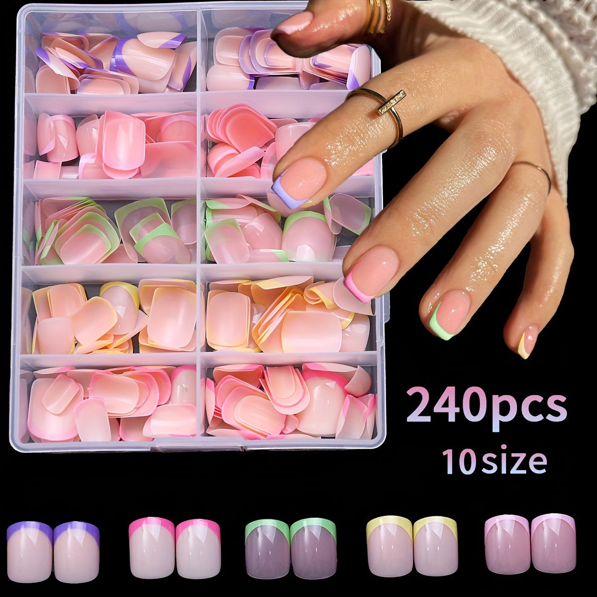 TEMU 240pcs French Tip Square Fake Nails, Mixed Color Pink Gradient, Glossy Finish, Short Length, Pre-designed Nail Art For Diy Manicure