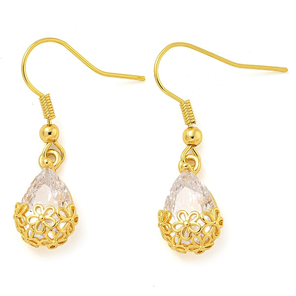 Boucles d'oreilles pendantes en forme de larme avec zircone cubique transparente en laiton plaqué