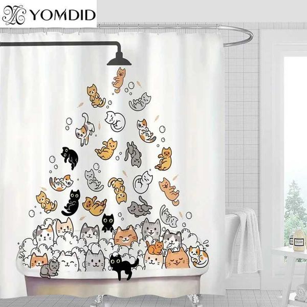 YOMDID 1-4pcs Cute Cat Printed Shower Curtain Set Shower Curtain With 12 Hooks Polyester Home Bath Curtain Bathroom Decoration Y240815