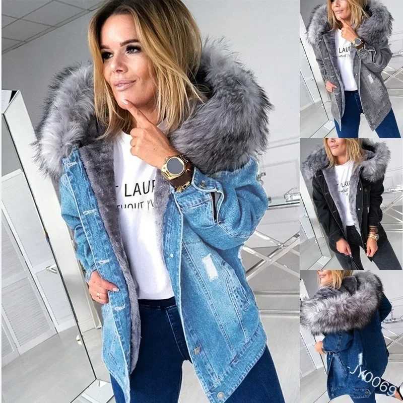New 2024 Fashion Hooded Big Fur Collar Denim Jacket Women Casual Warm Mid-length Ripped Coat Denim Jacket for Women DenimX240920