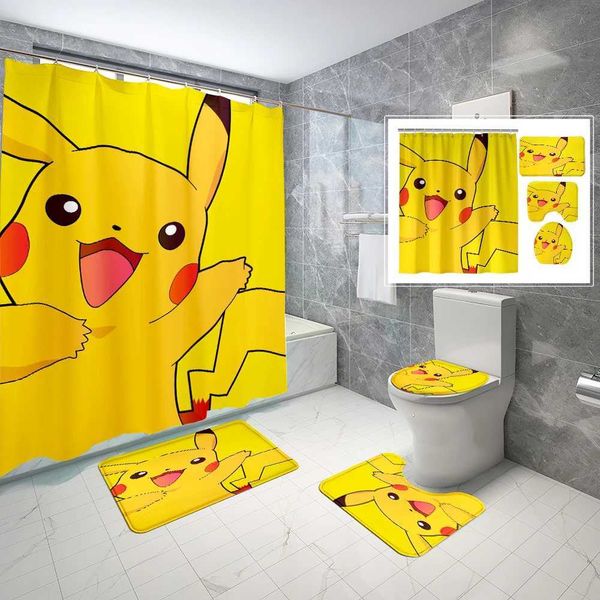 1-4 piece 70 * 70 inch Pocket Monsters cartoon waterproof bathroom shower curtain set with anti slip carpet toilet seat bathroom mat 12 hook