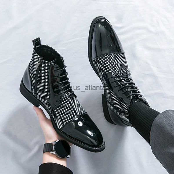 Dress Shoes New Fashion Mens Pointed Blended Patch Work Lace Ankle Boots Mens Casual Luxury High end Platform Shoes Zapatos Hombre H240606