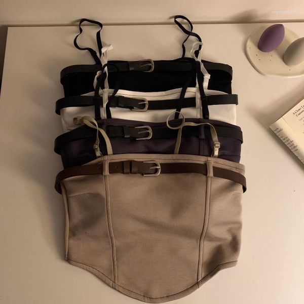 Women&#039;s Tanks Spaghetti Strap Camis For Women Almighty Solid Colours Belt Spliced Casual Femme Croset Crop Tank Tops Skinny Camisoles
