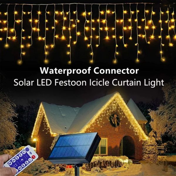 3M 5M 6M Solar Curtain Light Outdoor Waterproof Solar Fairy Garland String Lights for Garden Yard Pavilion Wedding Party Holiday Decor