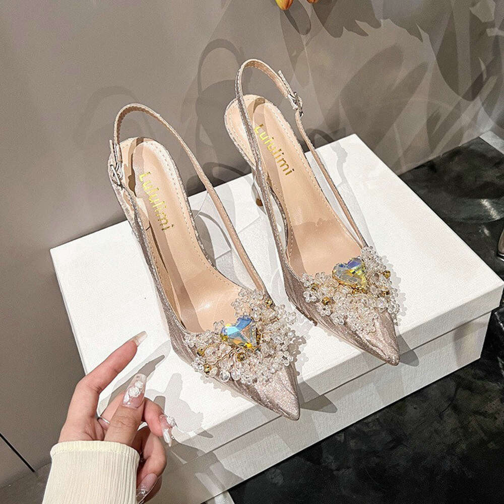 2024 New Fine Heel Pointy Diamond Pumps Pearl Wedding Shoes Sparkles Baotou Glass Glue High-Heeled Sandals