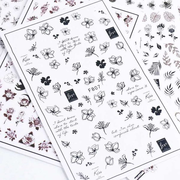 1PCS 3D Animal Stripes Heart Nail Stickers Black and White Lines Nail Art Accessories Nail Sliders Floral Nail DecorationsXJ240814