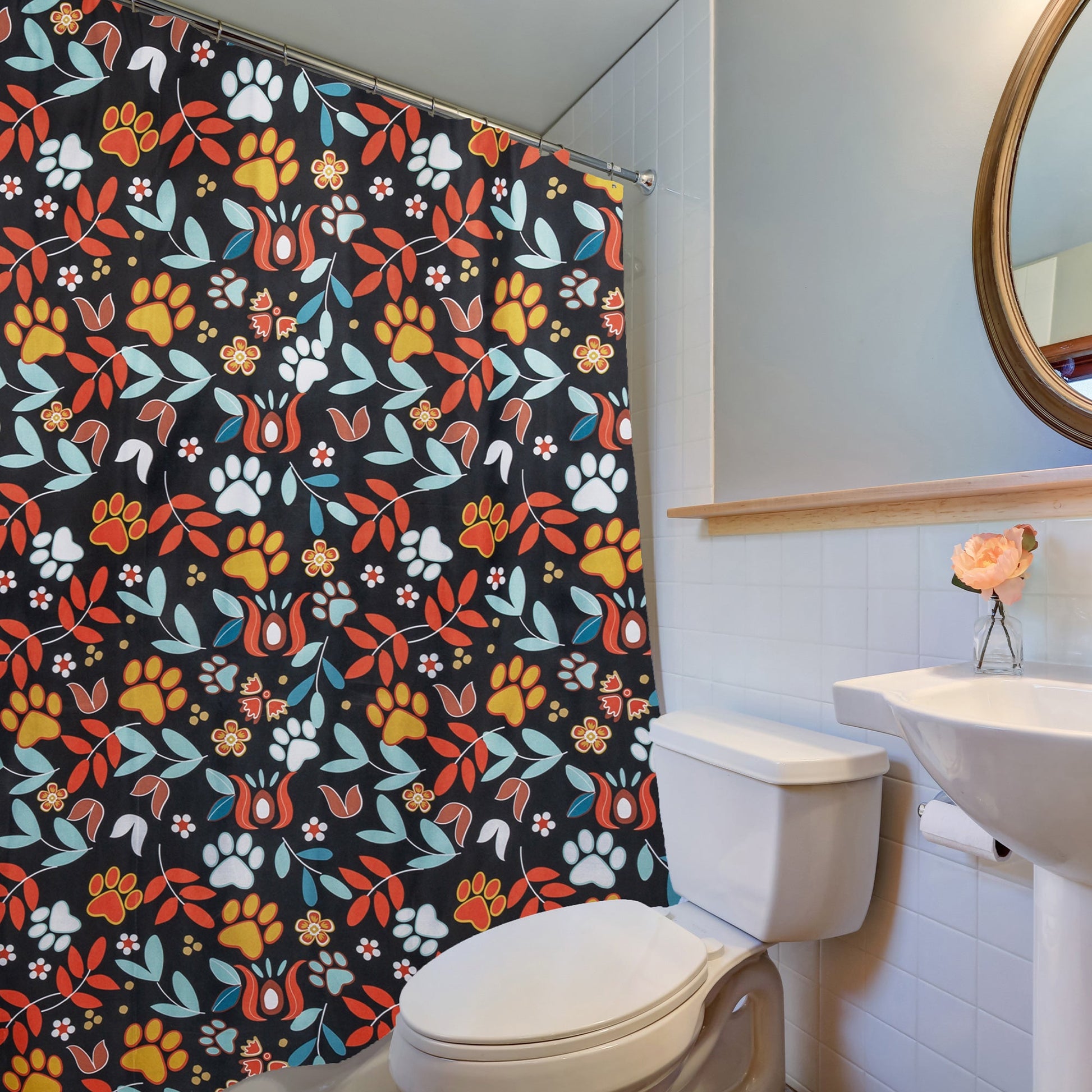 Pawsitively Pretty Shower Curtain with 12 Hooks - Floral Sunrise Paw Print