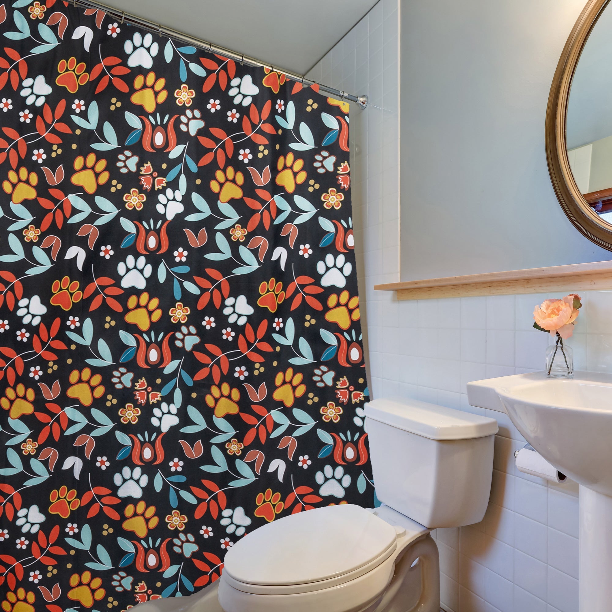 Pawsitively Pretty Shower Curtain with 12 Hooks - Floral Sunrise Paw Print