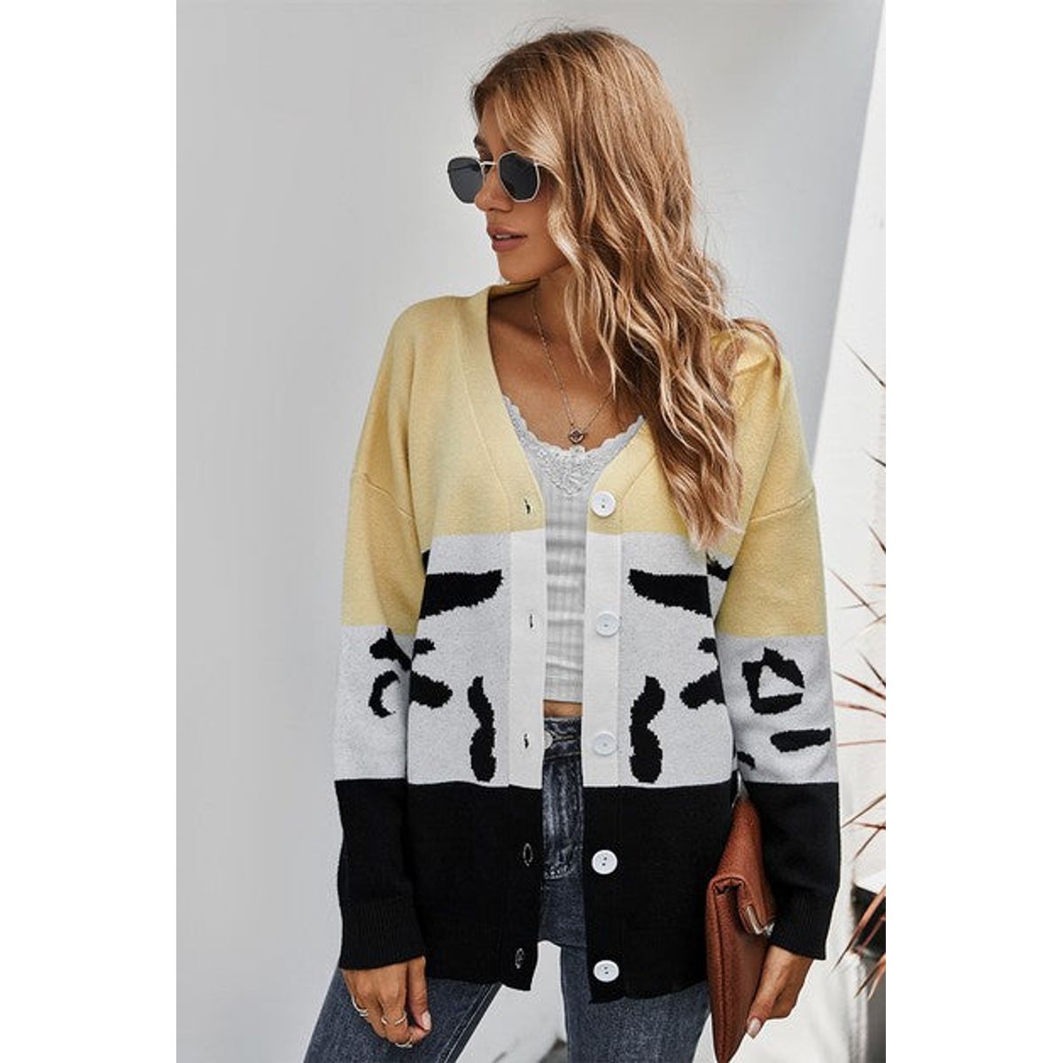 Women's Colorblock Large Button Knit Cardigan - Beige - Medium (6-8)