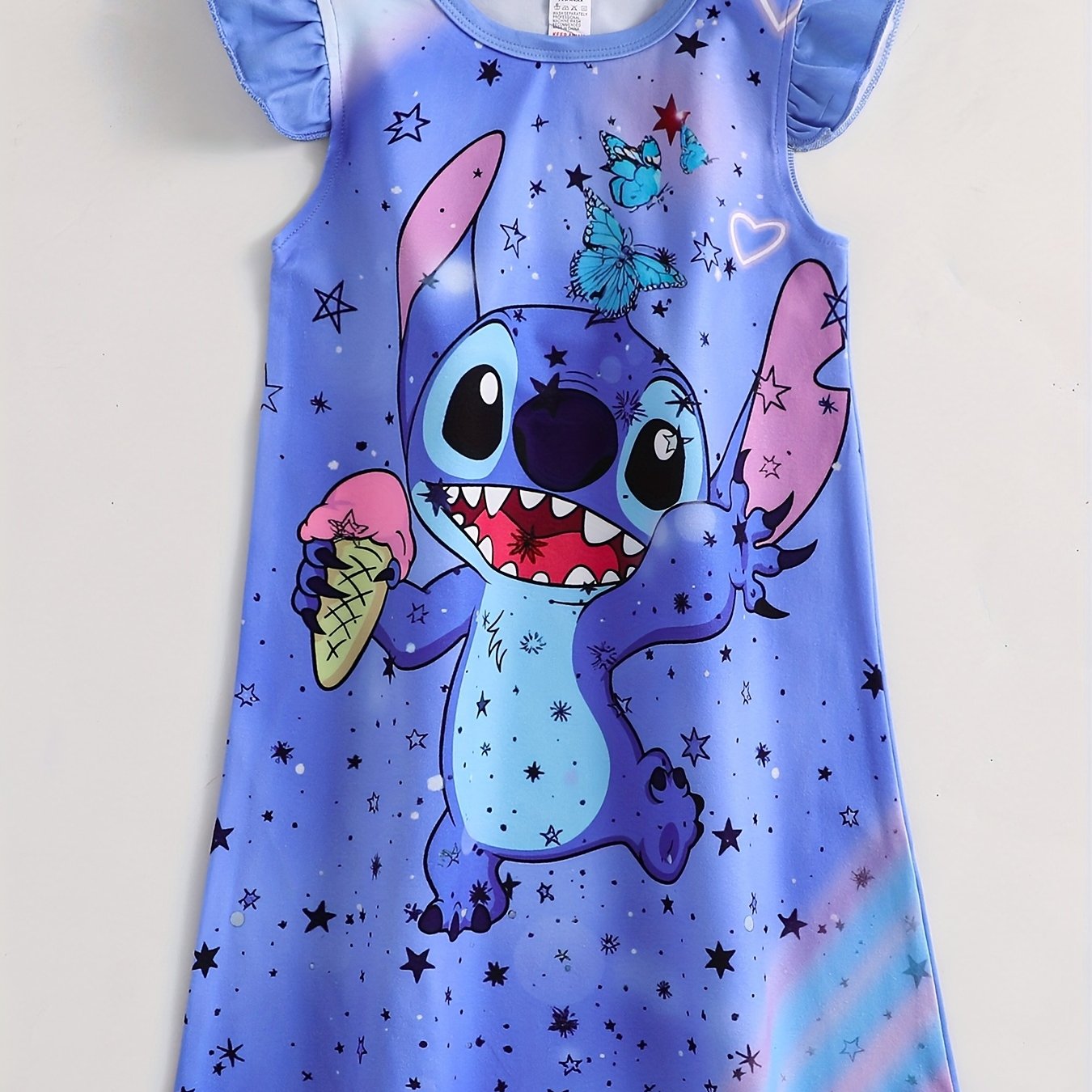 TEMU Stitch 3d Print Girls' Flame-resistant Sleepwear - Sleeveless Round Neck Nightgown With Stars & Hearts, Machine Washable Comfortable Casual