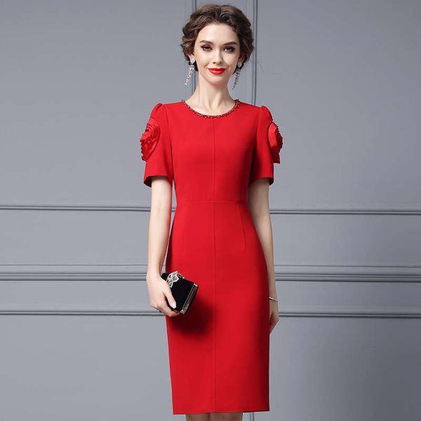 High-end Dress 2024 Summer New Gentle Style Bubble Sleeve Nail Diamond Pinch Flower Red Hip Hugging Skirt Bifurcated Self-cultivation BOHO D