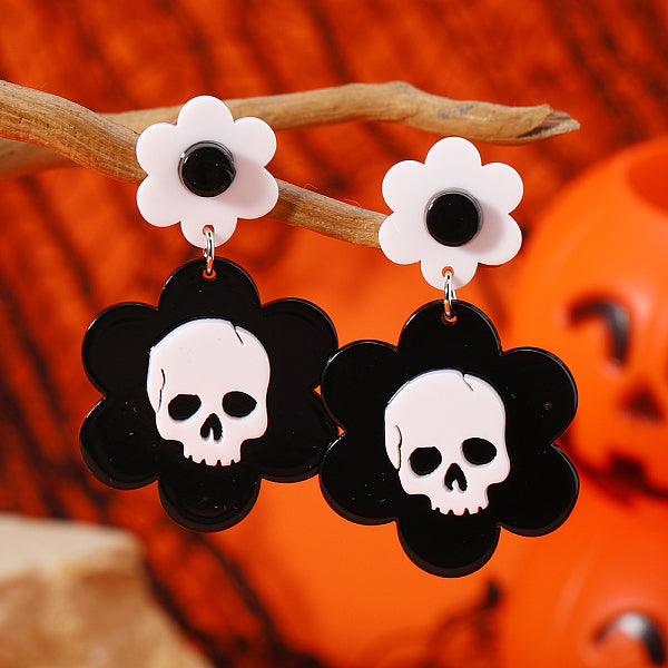 Boucles d'oreilles pendantes en acrylique avec tête de mort et fleur