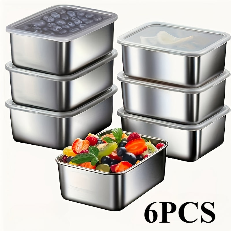TEMU 6pcs Stainless Steel Food Storage Containers With Lids - Leak-proof, Stackable, Bpa-free Kitchen Organizer For Refrigerator, Office, School,