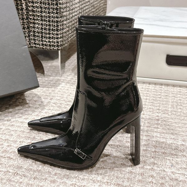 Luxury Top Buckle Ankle Boots Pointed Thin Heel High Heel Zipper Ankle Boots Patent Leather Women&#039;s Luxury Designer Dress Wedding Shoes