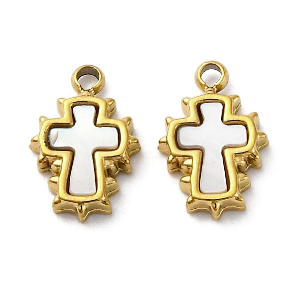 304 Edelstahl Pavé natürliche weiße Muschel Kreuz Charms