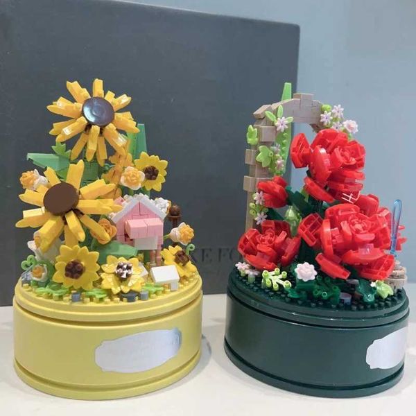 Blocks Flower Bouquet Plants Music Box Building Blocks Tiny Particle Bonsai Gardens Romantic Bricks Dust Cover DIy Model Toys For Adult z241