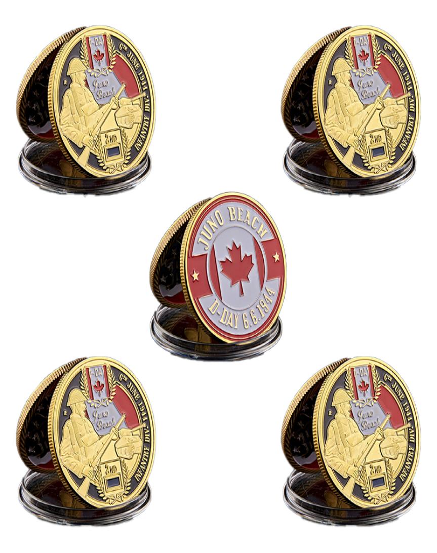 5pcs DDay Normandy Juno Beach Military Craft Canadian 2rd Infantry Division Gold Plated Memorial Challenge Coin Collectibles2331757