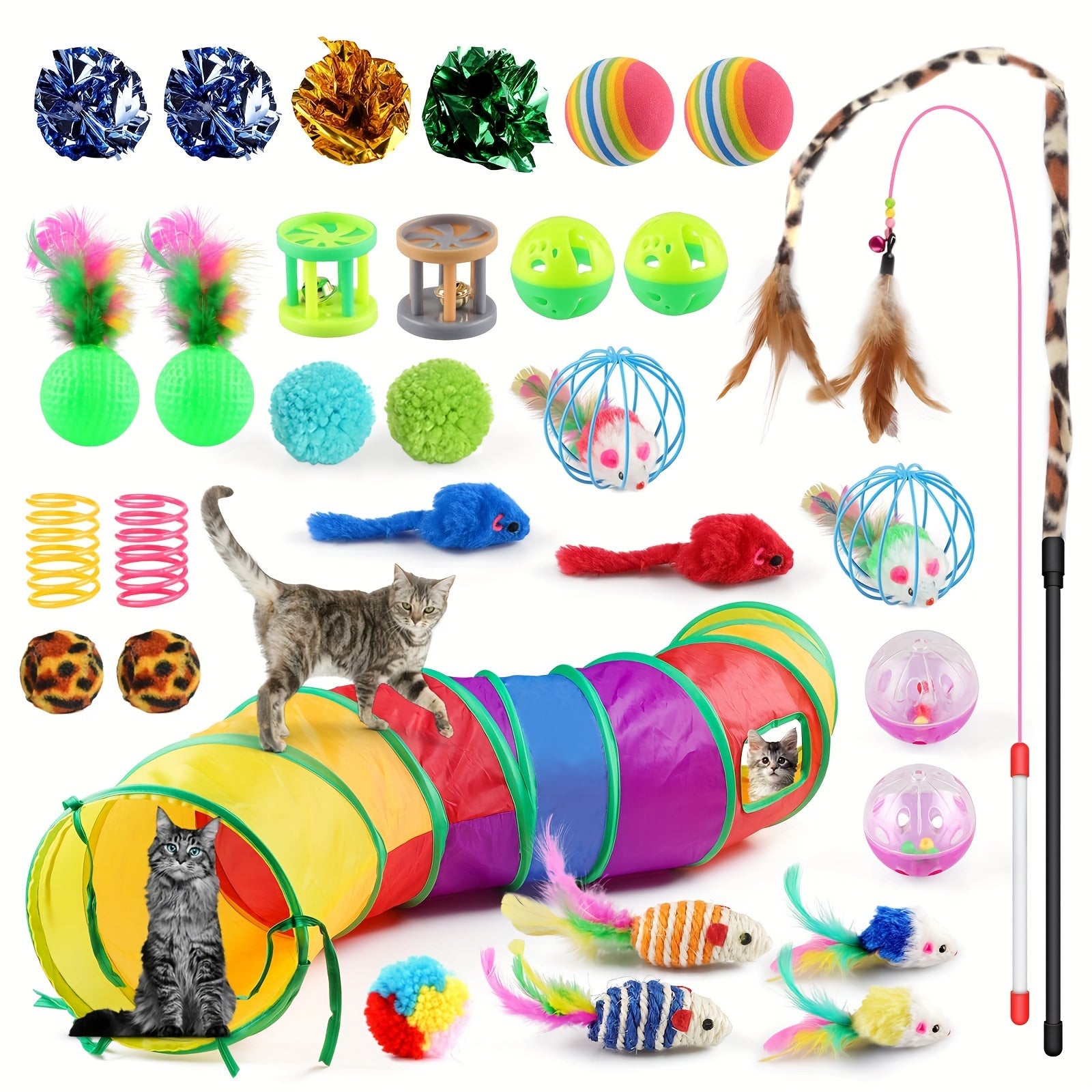 TEMU Cat Toys Set, 32pcs-set Kitten Toys Assortments, Including 2 Way Rainbow Tunnel, Cat Feather Teaser Wand, Sisal Mice Bell Balls, Crinkle Balls