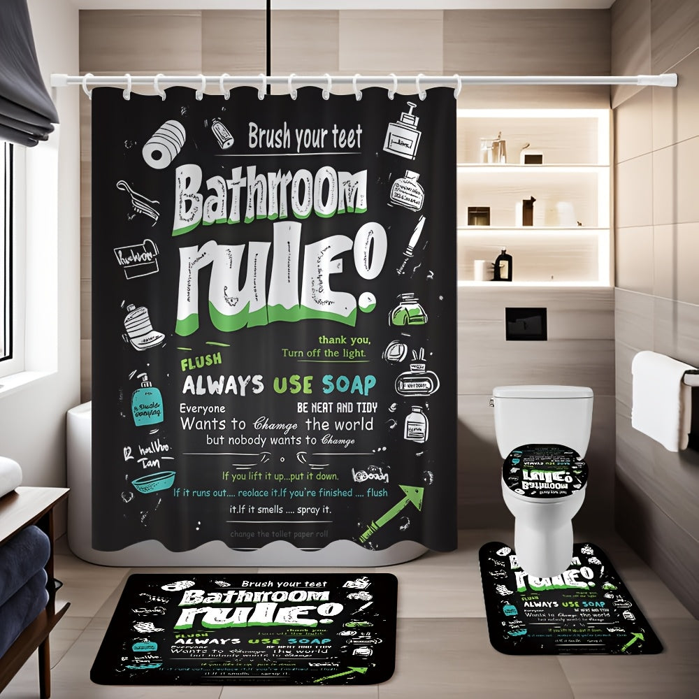 TEMU 4pcs Gorgeous Bathroom Rule Shower Curtain With Multiple Hooks Decorative Bathroom Set Barrier Shower Curtain, Non-slip Floor Mat, Toilet U-mat,