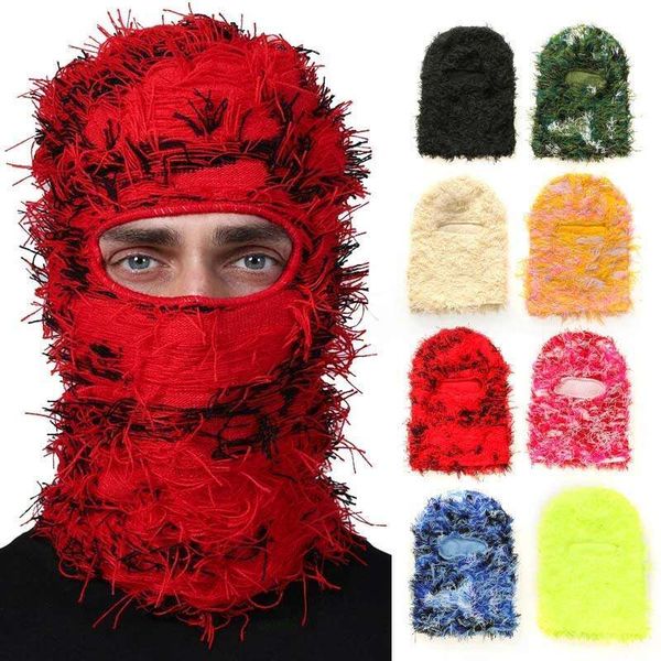 2024 New Hip Hop Distressed Knitted Caps Full Face Mask Women Outdoor Camouflage Fuzzy Ski Balaclava Beanies Hat