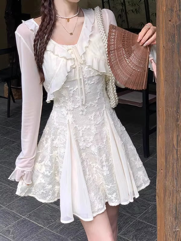 K1117 Women&#039;s ruffled cardigan sun protection clothing thin shawl with suspenders dress outer cover tulle top blouse