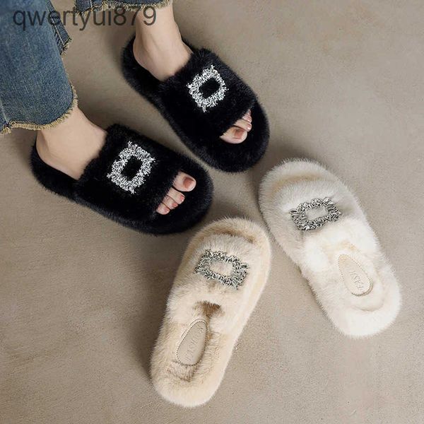 Slippers 2024 Winter Womens Fur Sliding Block Luxury Diamond Buckle Soes Fasion House Open Toe Sandals Indoor Warm Plus H241120