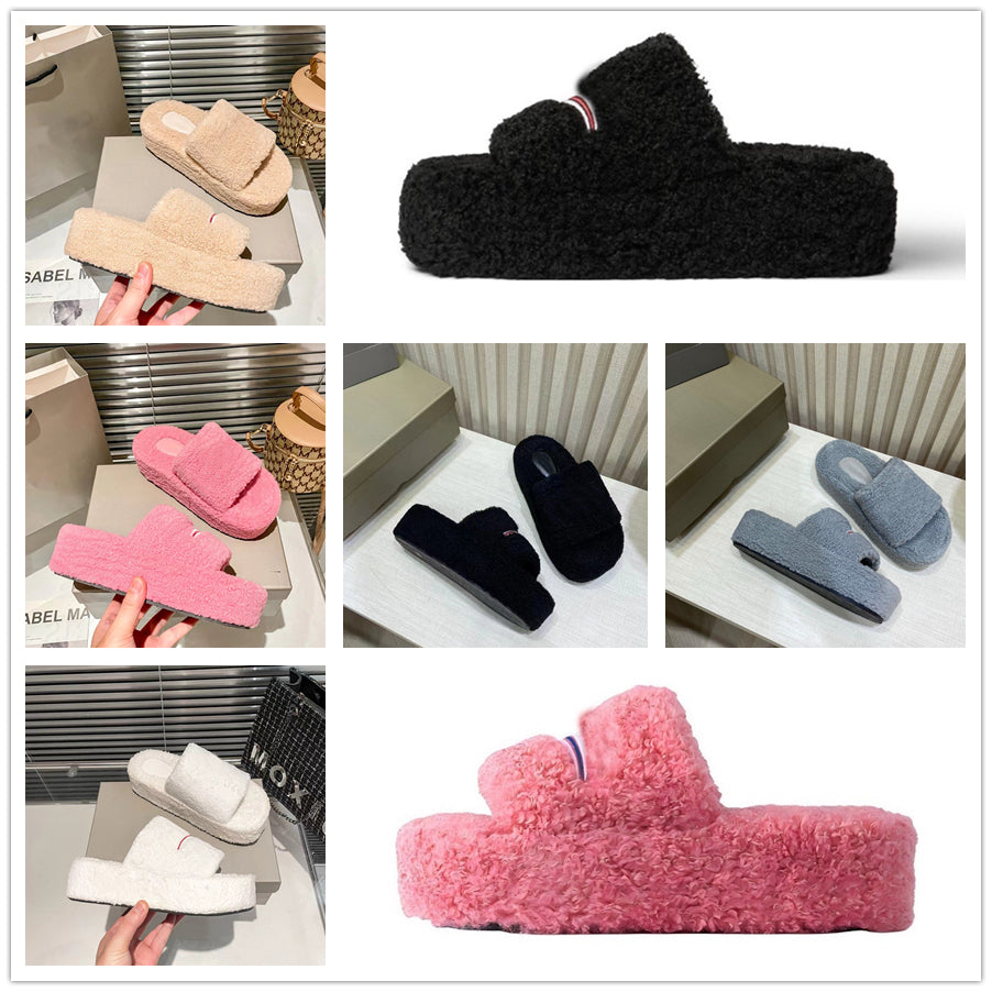 Furry Slippers Luxury Men Women Designer Sandals Slider Lady Fashion Fur Fluffy Letters Slides Black White Pink Grey Beige Casual Platform Flip Flop