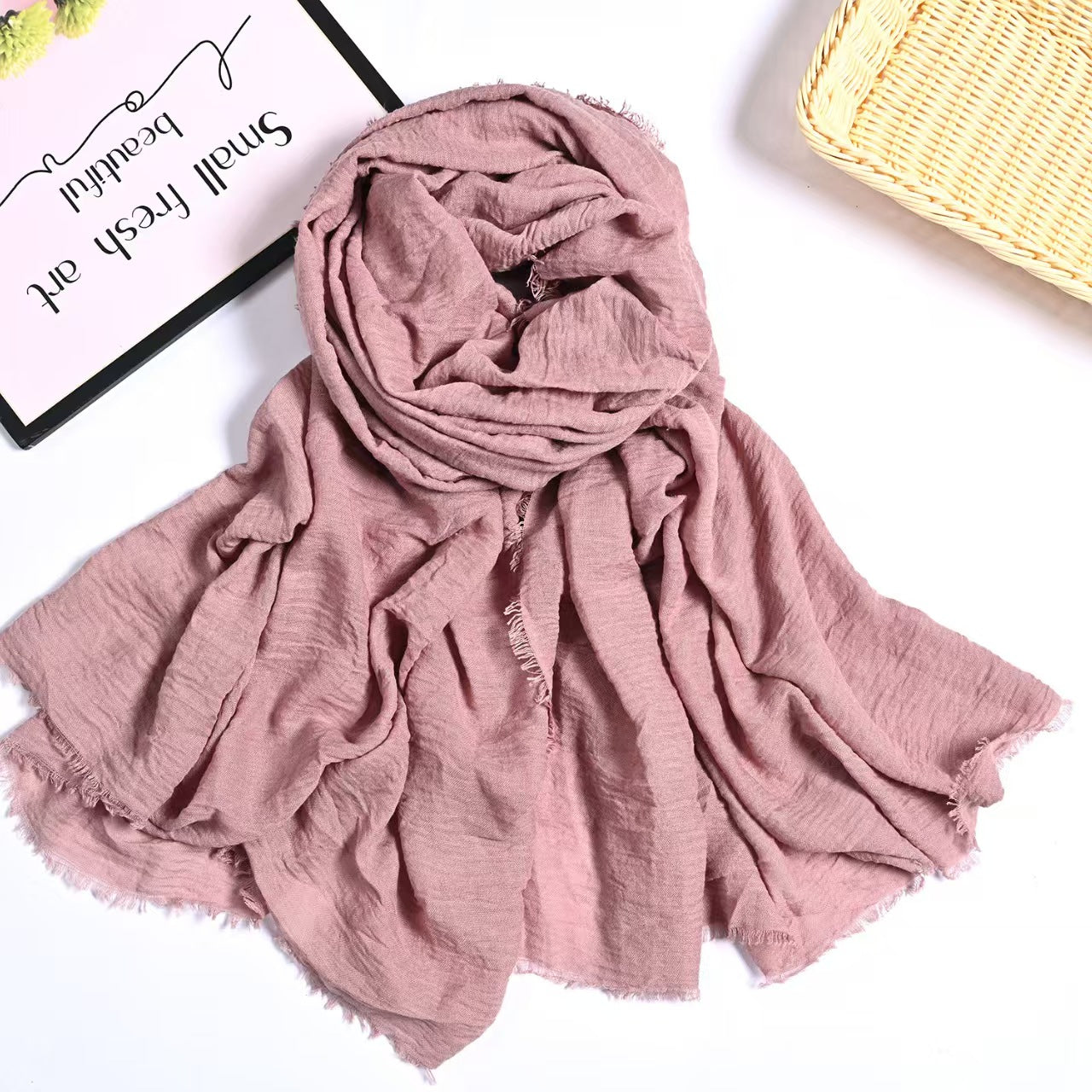 T688 European and American encrypted bubble wrinkle monochrome cotton and linen scarf solid color hair beard headband wrinkle pleated shawl