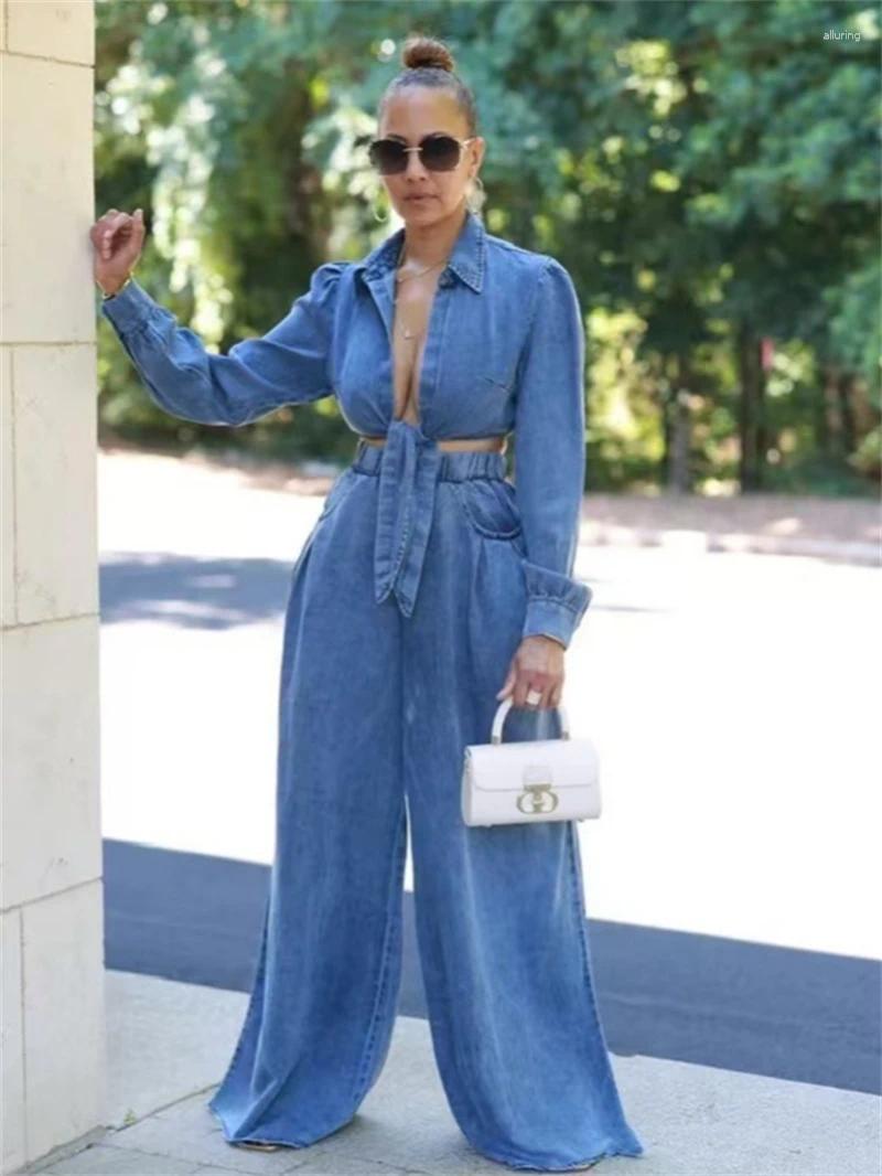 Women&#039;s Two Piece Pants Fashion Denim 2 Sets Women Outfit Fall Clothes 2025 Lace Up Shirt Crop Top Wide Leg Sweatsuits Woman