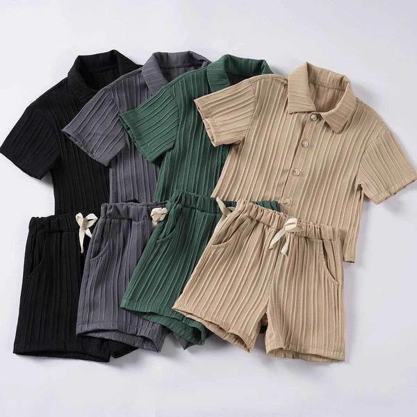 Clothing Sets Baby and toddler solid color texture summer set button up short sleeved lapel shirt and casual short sleeved baby boy clothing