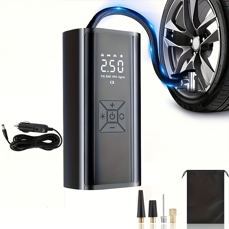 TEMU Portable Tire Inflator Air Compressor, 150psi With Digital Gauge And Led Light, Suitable For Car, Bike, Motorcycle, Ball - Black Abs Material,