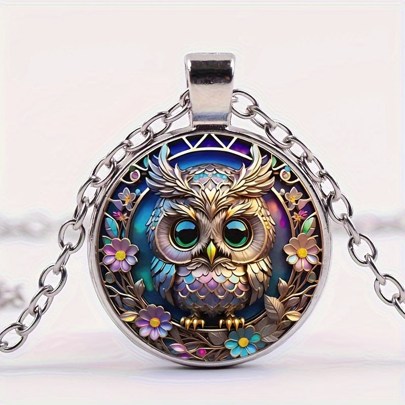 TEMU Adorable Owl Time Synthetic Gemstone Glass Necklace Fashionable Casual Attire Pendant