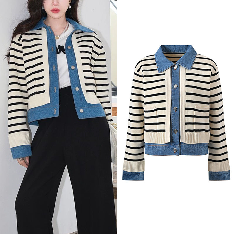 &quot;Real wear type&quot; early Autumn 2024 classic button-up top spliced denim shirt collar striped women&#039;s knitted short coat denim