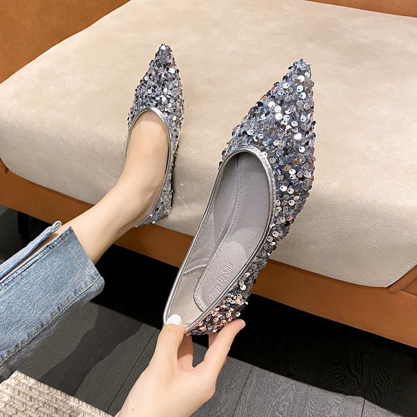 Glitter Elegant Ladies sier a190f pointed toe shiny wedding shoes woman EU36-42 big size bg ballet flats women loafers