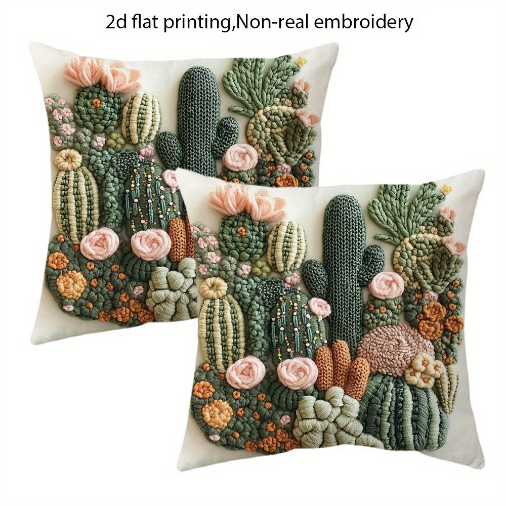 TEMU 2pcs Bohemian Cactus & Floral Throw Pillow Covers 18x18 Inch, Soft Short Plush 2d Flat Print Non- Decorative Pillowcases With Zipper Closure For