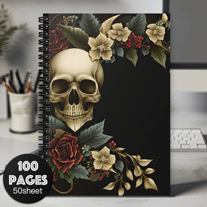 TEMU 1pc Gothic Spiral Notebook Journal - Elegant Gothic Planner With Floral & , 100 Labeled Pages, Black Cover & - Durable Spiral Binding For Daily