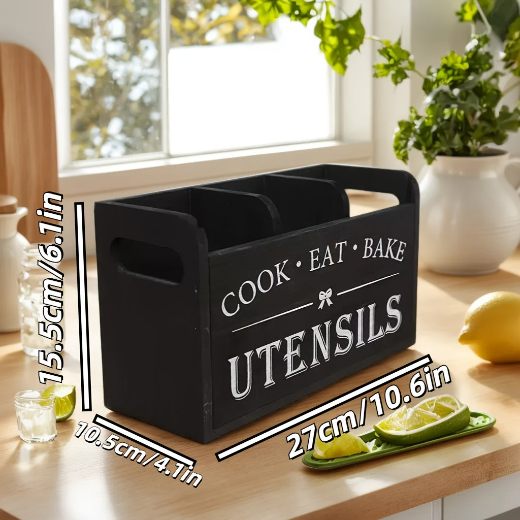 TEMU Rustic Utensil Organizer With 3 Compartments - Versatile Storage For Chopsticks, Cutting Boards, Spoons, And More - Ideal For Home Decor And